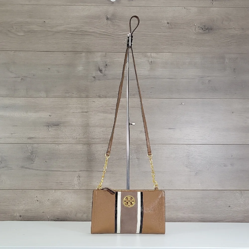 Tory Burch Brown Leather Crossbody Bag with Striped Accent